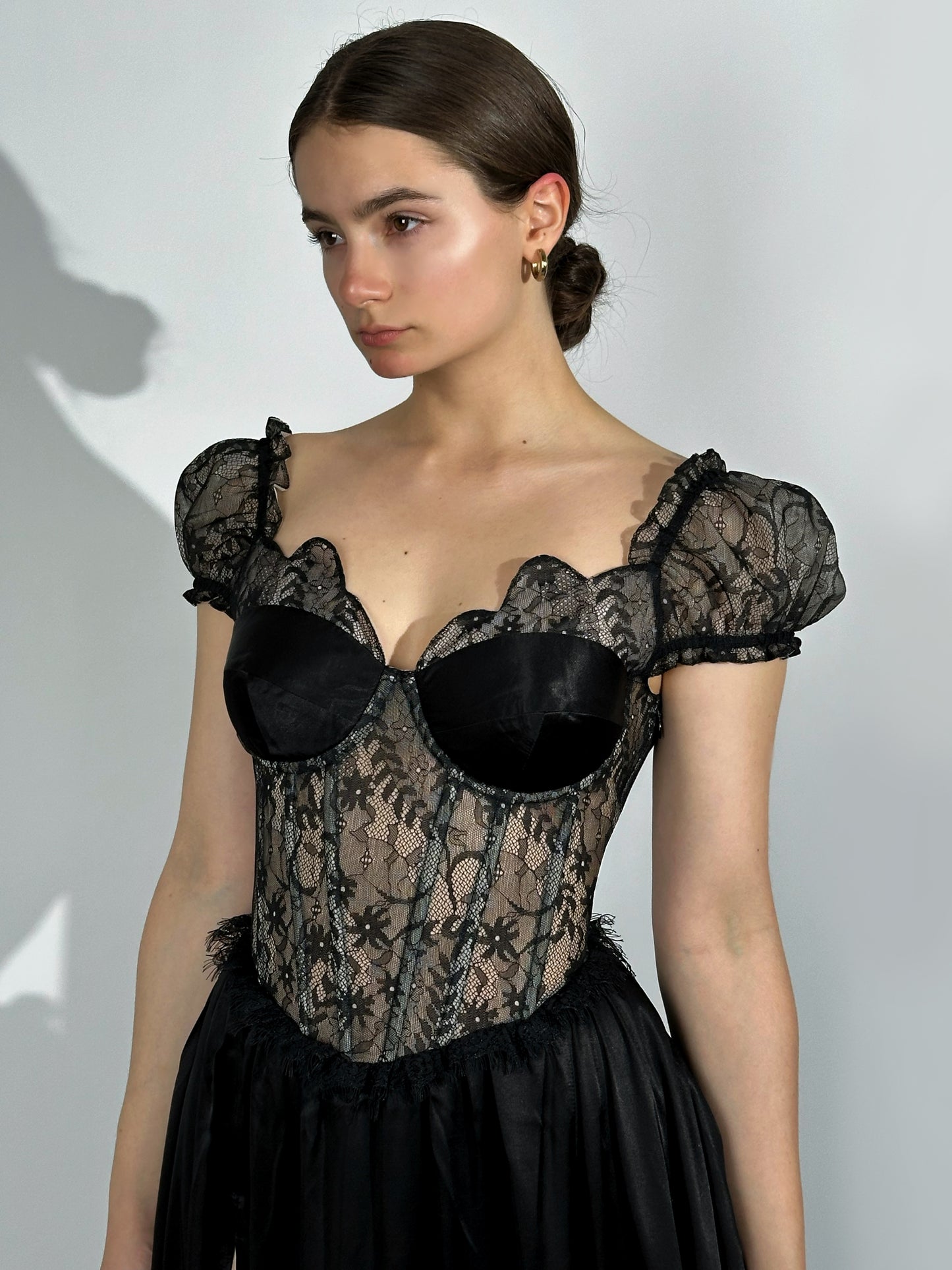 Prelude dramatic sweetheart scallopped neckline high slit dress