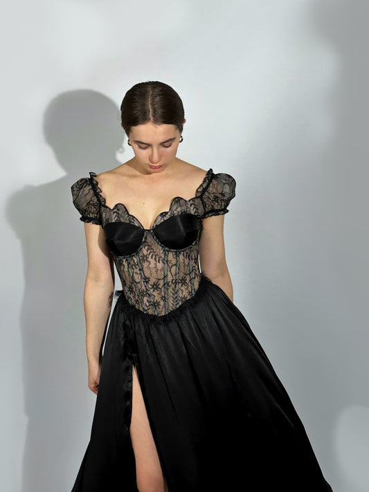 Prelude dramatic sweetheart scallopped neckline high slit dress