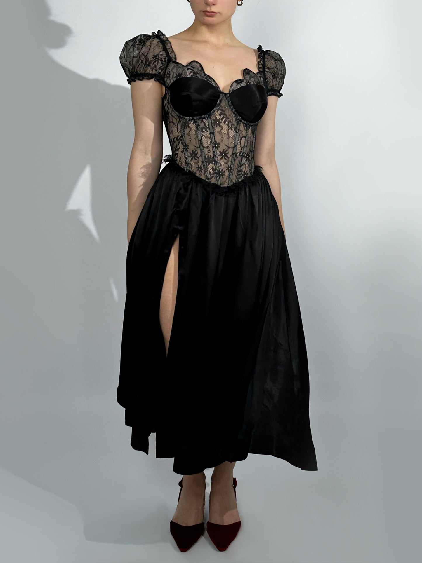 Prelude dramatic sweetheart scallopped neckline high slit dress