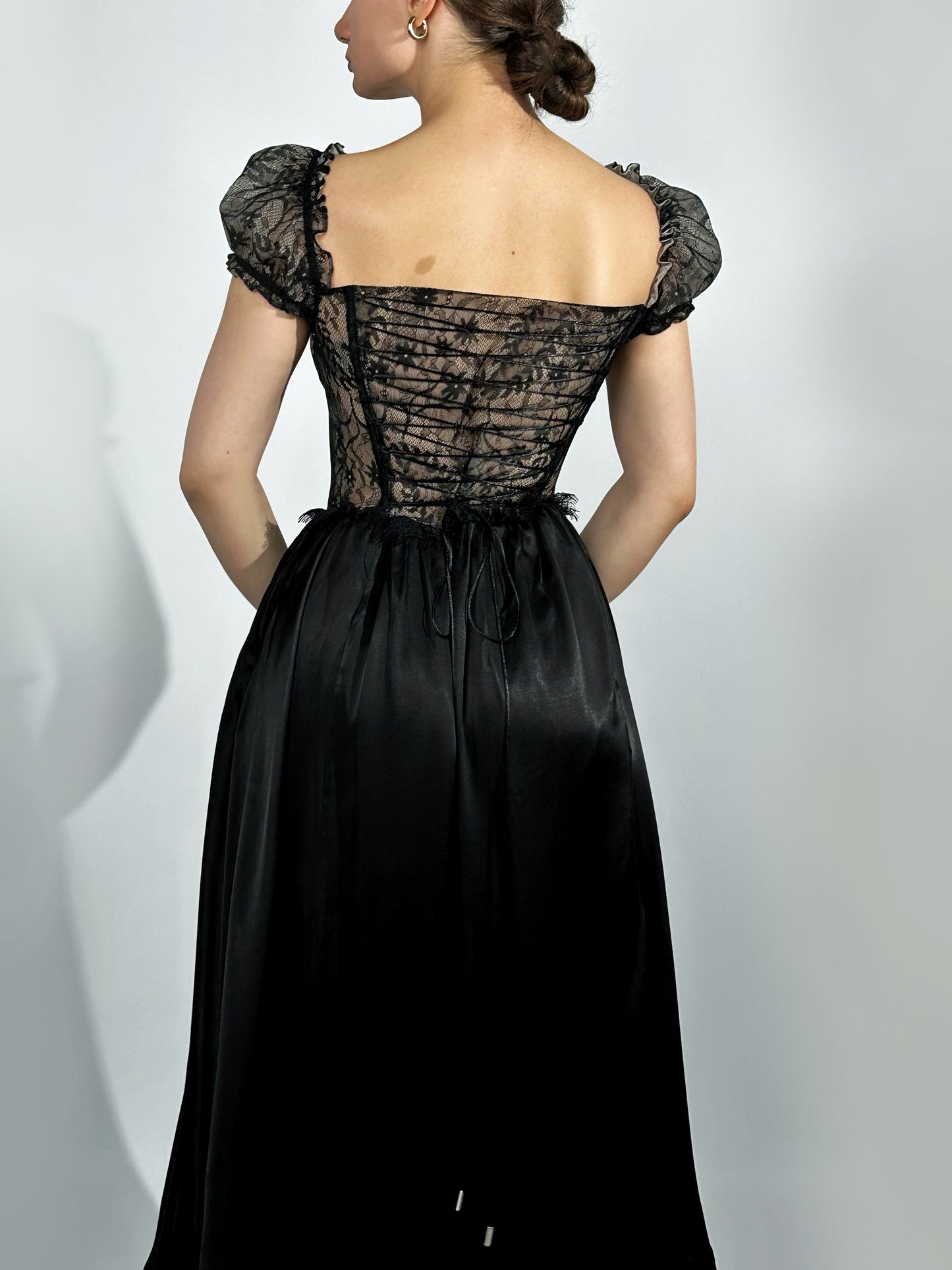 Prelude dramatic sweetheart scallopped neckline high slit dress
