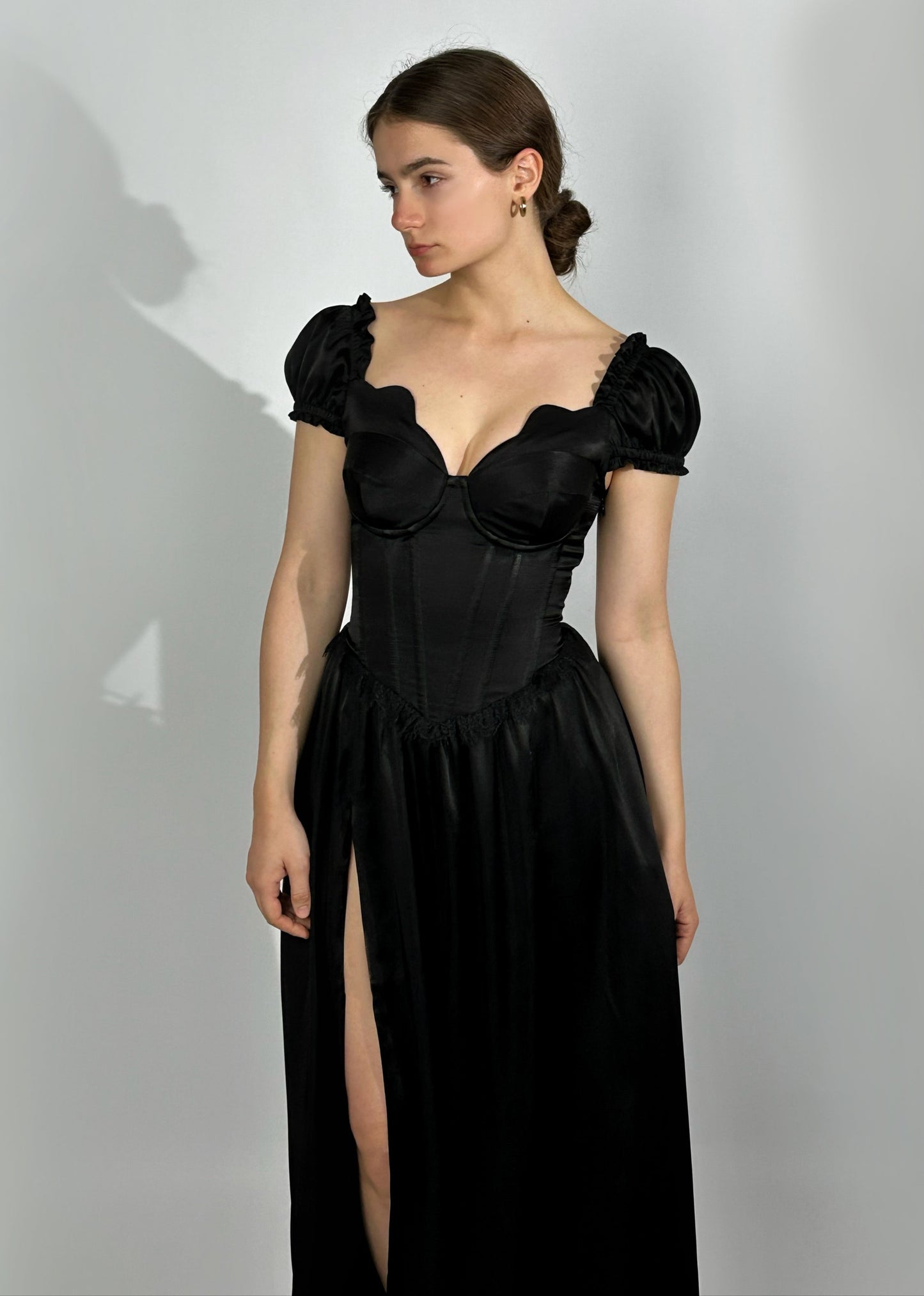 Prelude dramatic sweetheart scallopped neckline high slit dress