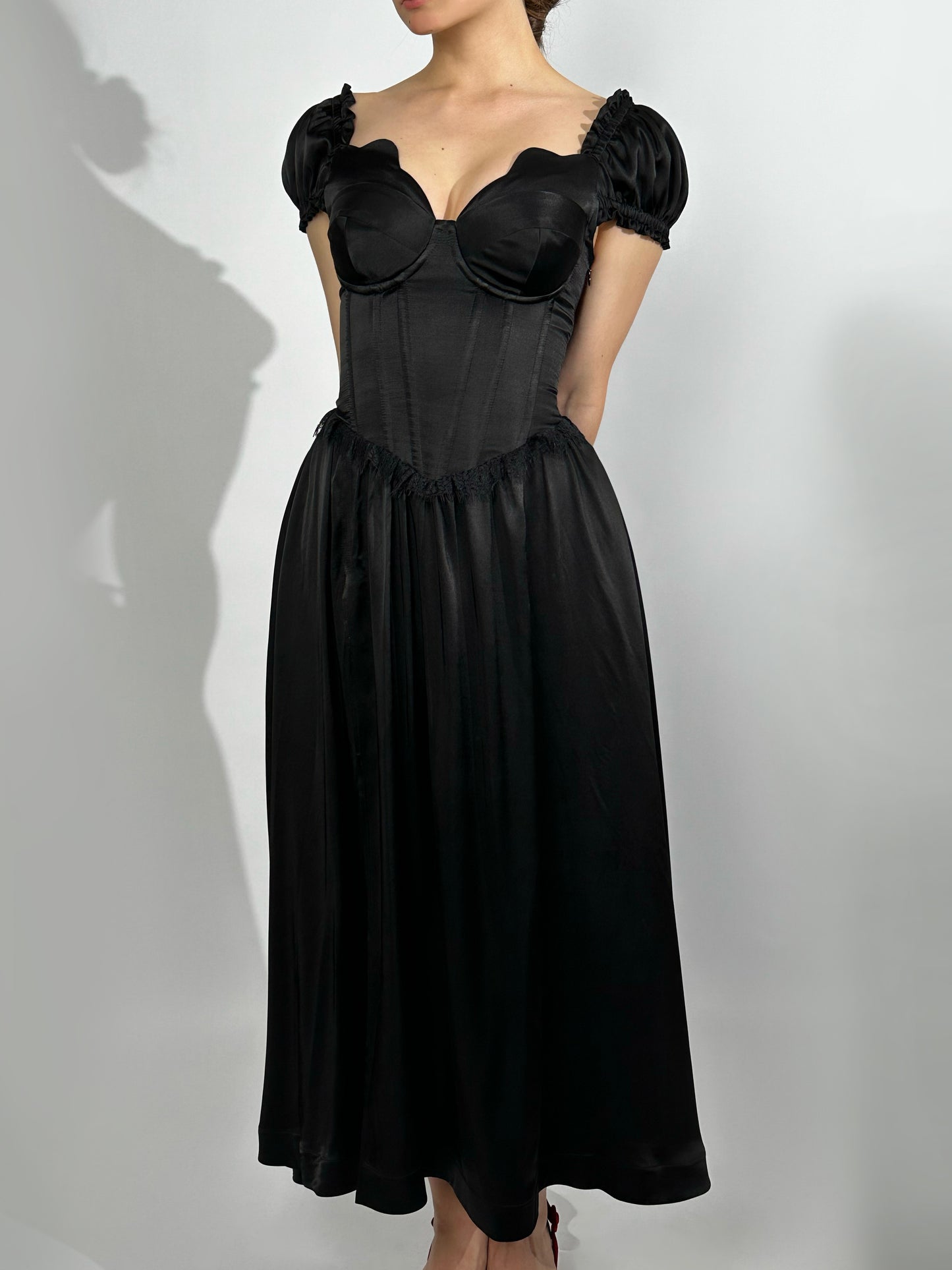 Prelude dramatic sweetheart scallopped neckline high slit dress
