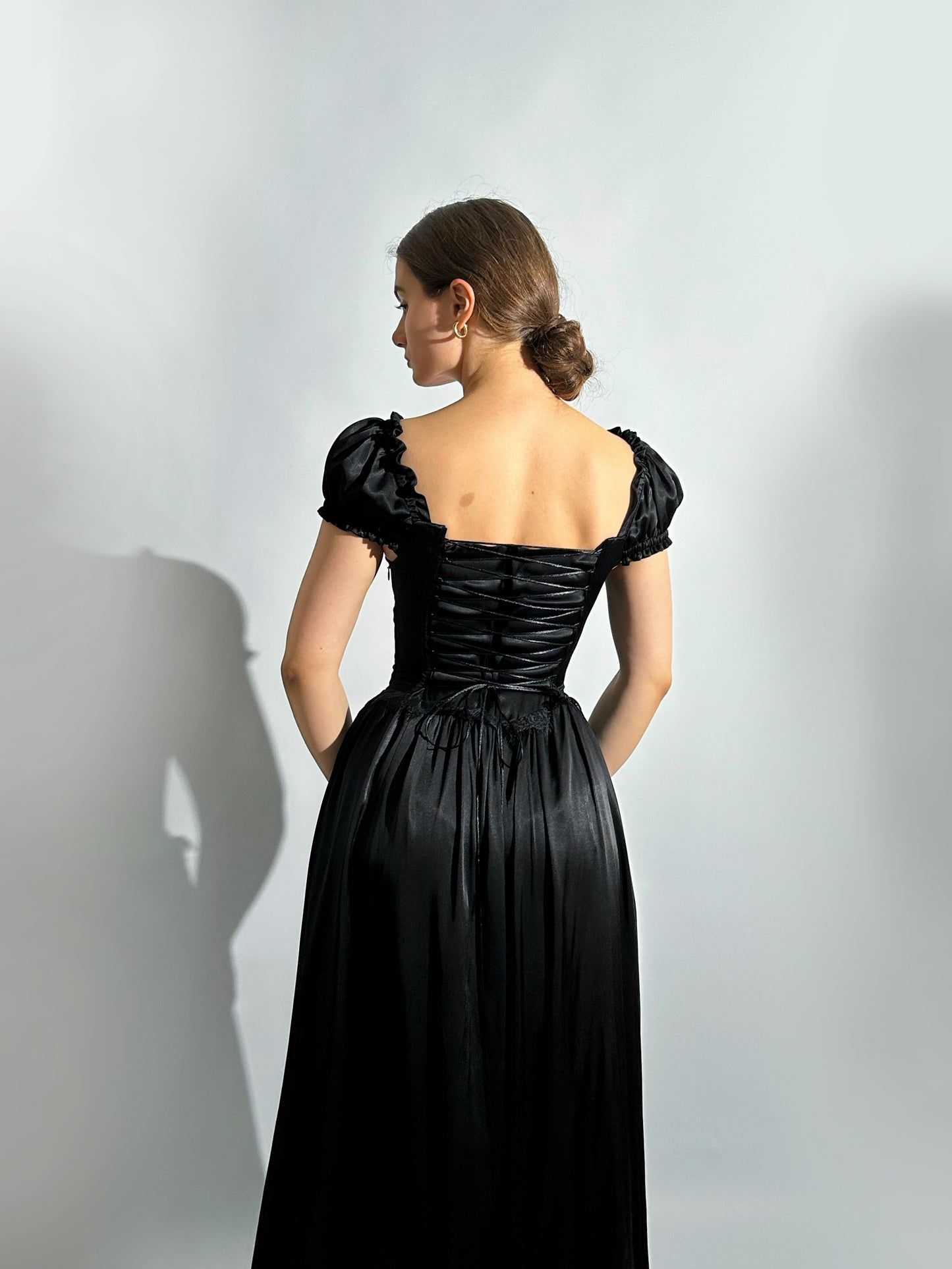 Prelude dramatic sweetheart scallopped neckline high slit dress