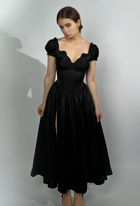 Prelude dramatic sweetheart scallopped neckline high slit dress