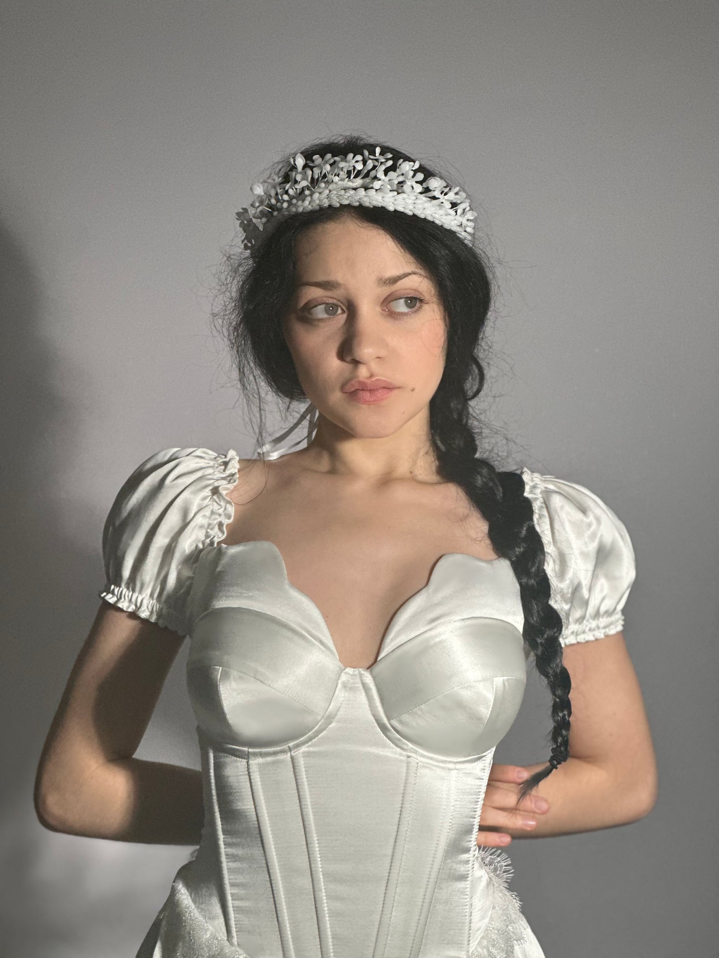 Prelude dramatic sweetheart scallopped neckline high slit dress