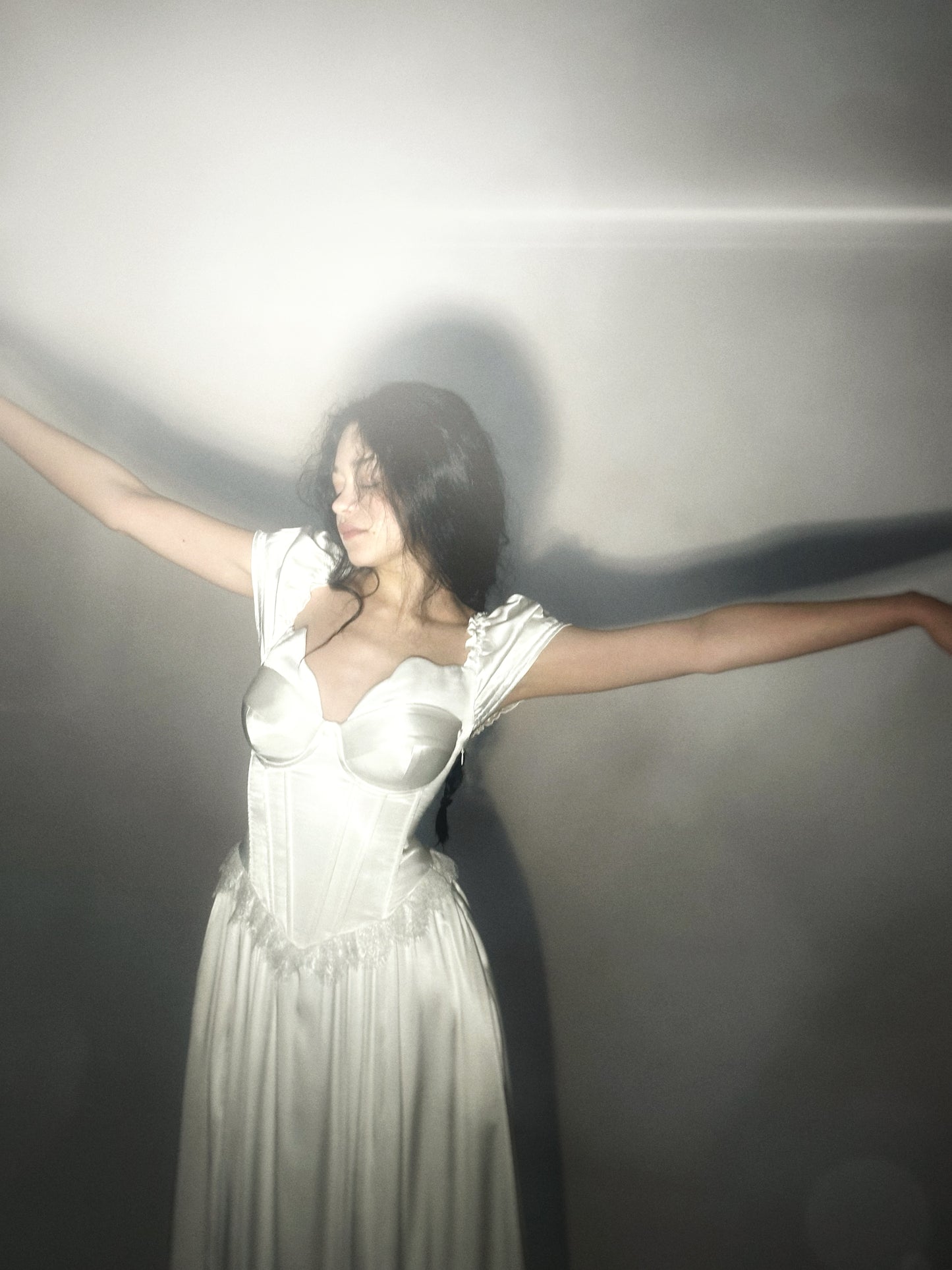 Prelude dramatic sweetheart scallopped neckline high slit dress