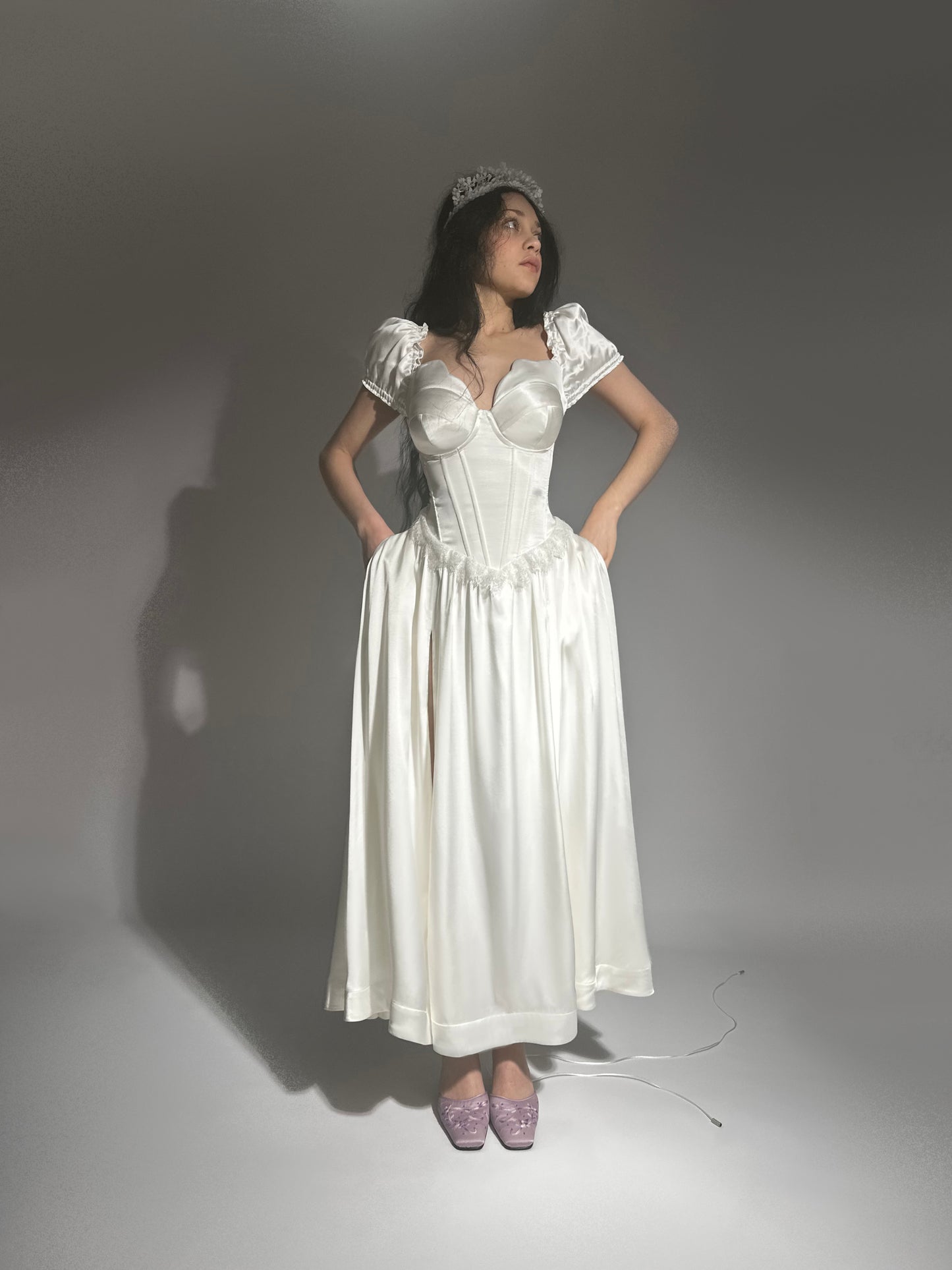 Prelude dramatic sweetheart scallopped neckline high slit dress