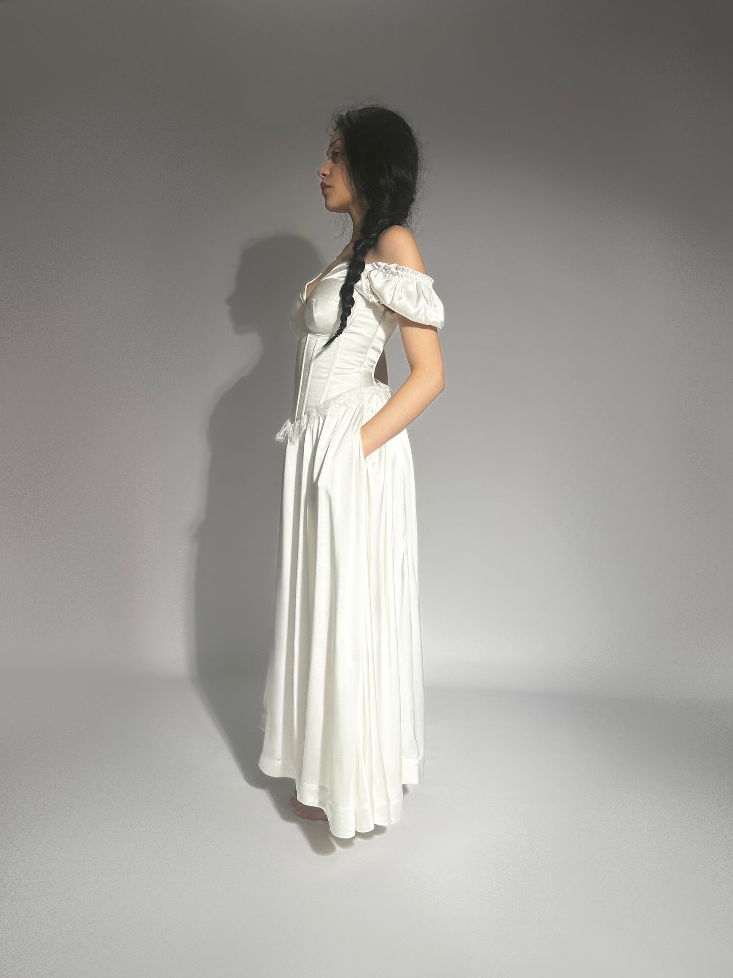 Prelude dramatic sweetheart scallopped neckline high slit dress