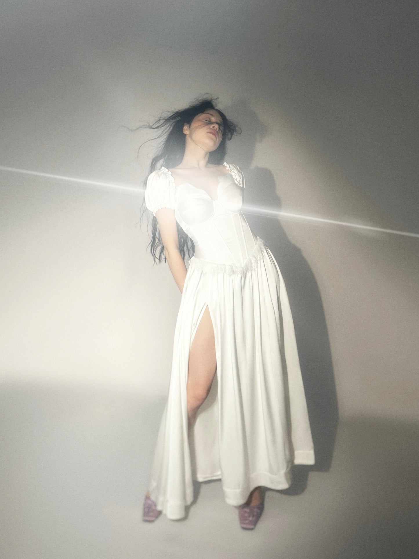 Prelude dramatic sweetheart scallopped neckline high slit dress