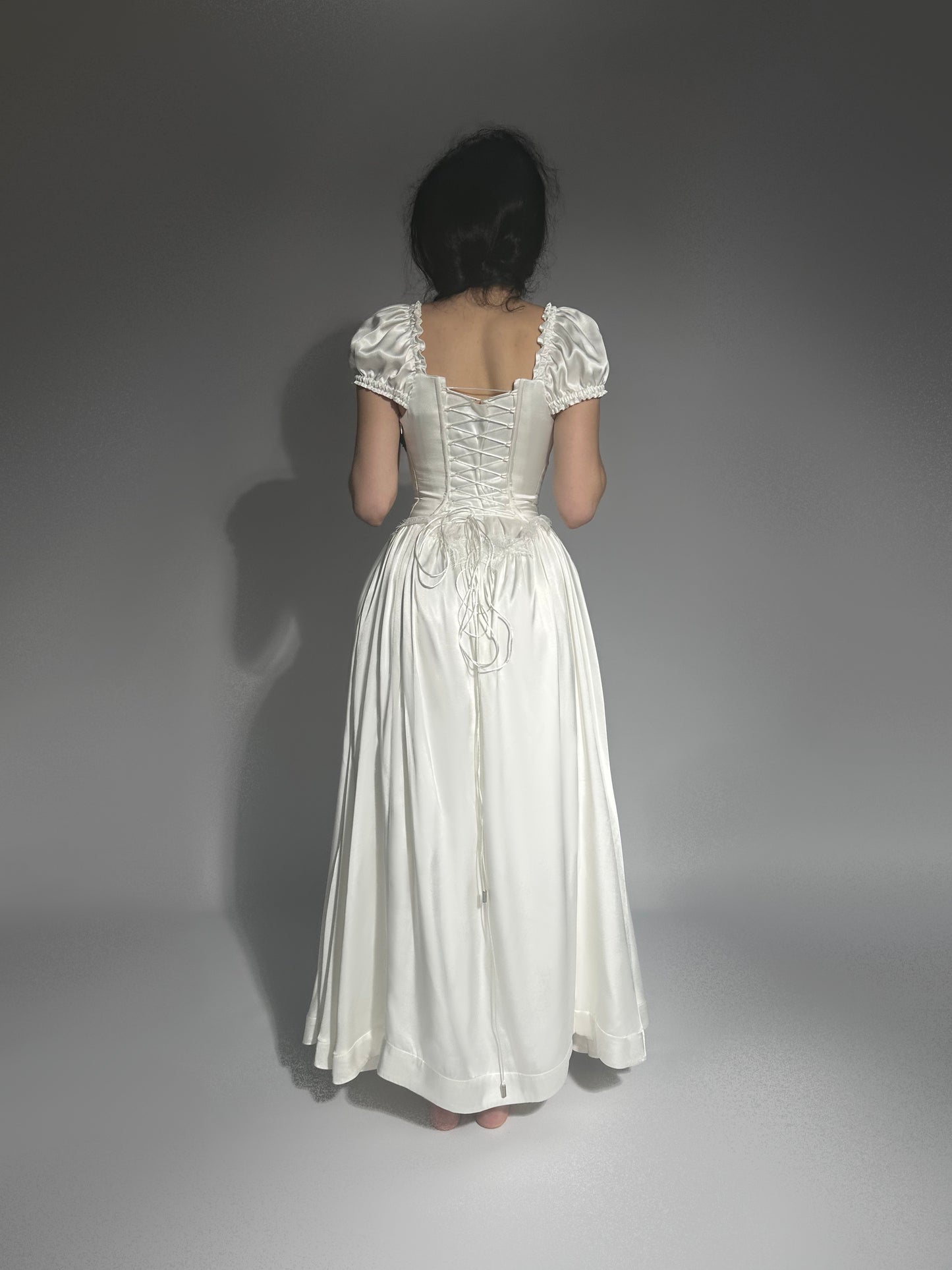 Prelude dramatic sweetheart scallopped neckline high slit dress