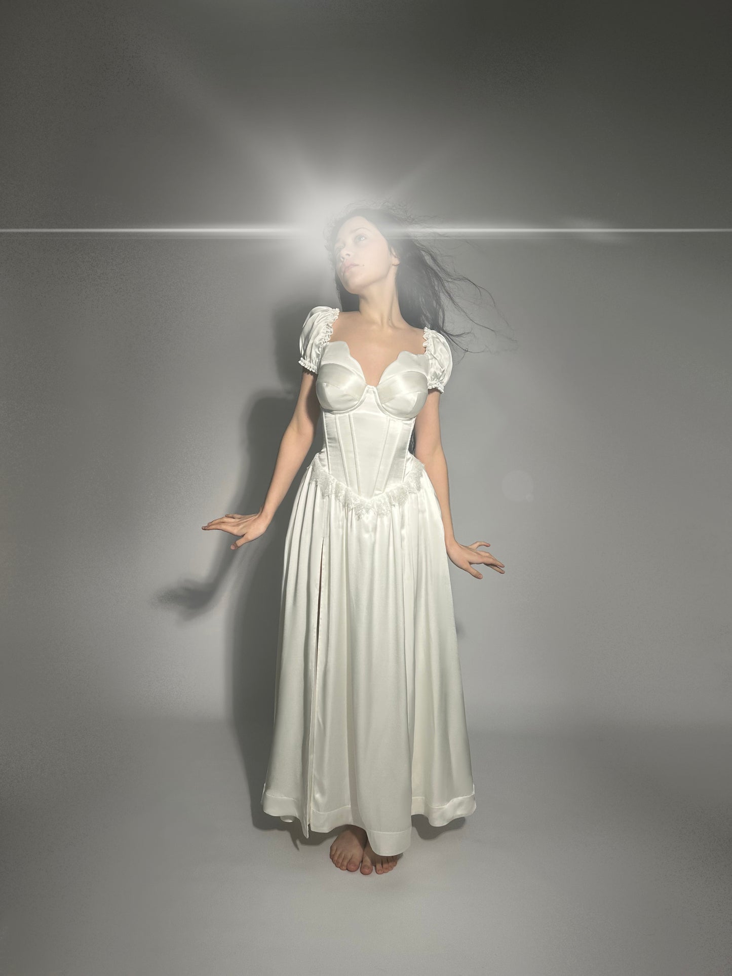 Prelude dramatic sweetheart scallopped neckline high slit dress