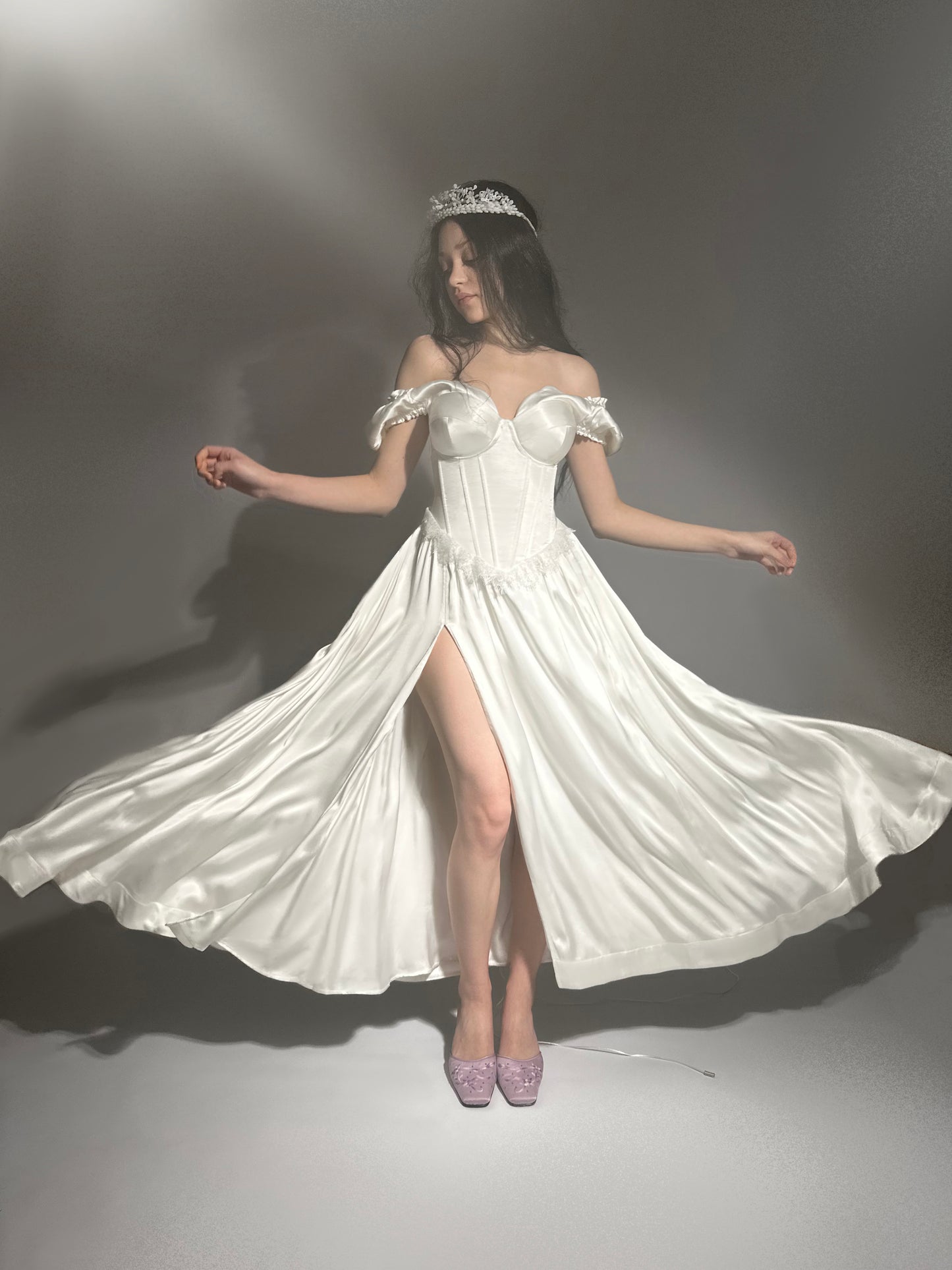 Prelude dramatic sweetheart scallopped neckline high slit dress