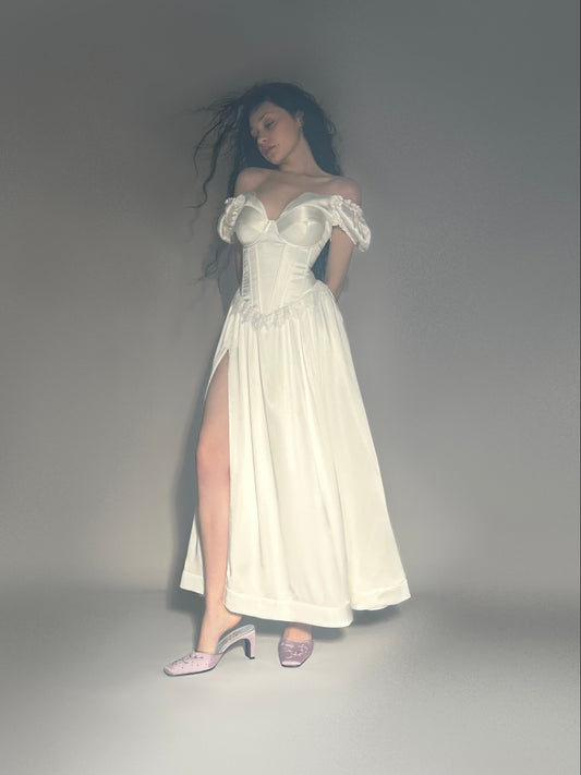 Prelude dramatic sweetheart scallopped neckline high slit dress